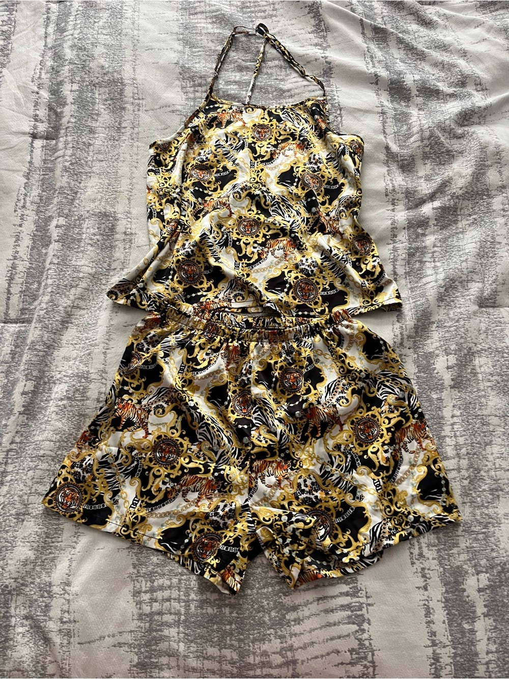 Aldo Baroque-Print Satin Cami & Shorts Set M in Black and Gold
